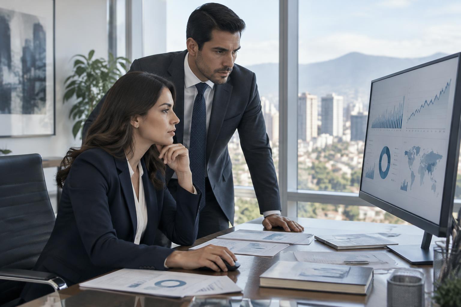 Analistas evaluando indicadores y proyecciones financieras